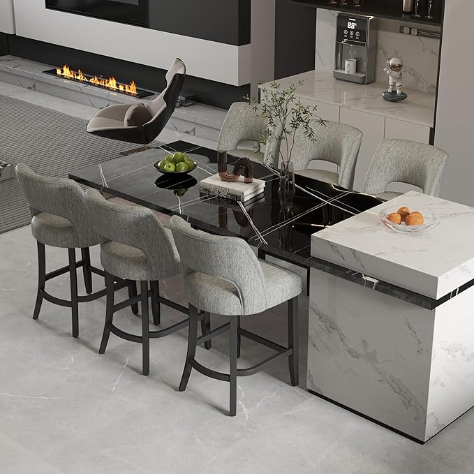VKNOW Bar Stools Set of 6, 26" Upholstered Counter Height Bar Stools, Modern Counter Stools with Black Legs for Kitchen Island Dining Room Bar, Light Grey-Black Legs