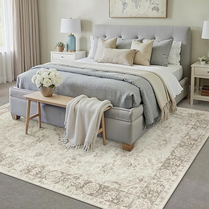 PureCozy 5x7 Area Rug Beige Washable Living Room Bedroom Carpet Vintage Distressed Non Slip Low Pile Thin Dining Room Home Office Nursery Medallion Accent Rug