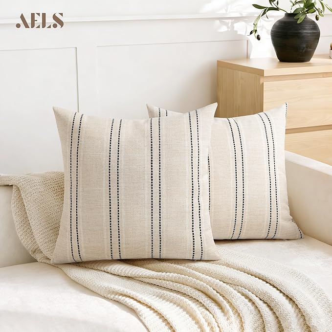 AELS 18x18 Decorative Farmhouse Linen Blend Throw Pillow Covers, Boho Textured Pillow Case, Set of 2, Beige with White & Black Stitch Yarn Dyed Stripe Cushion Cover for Sofa Living Room (Cover O