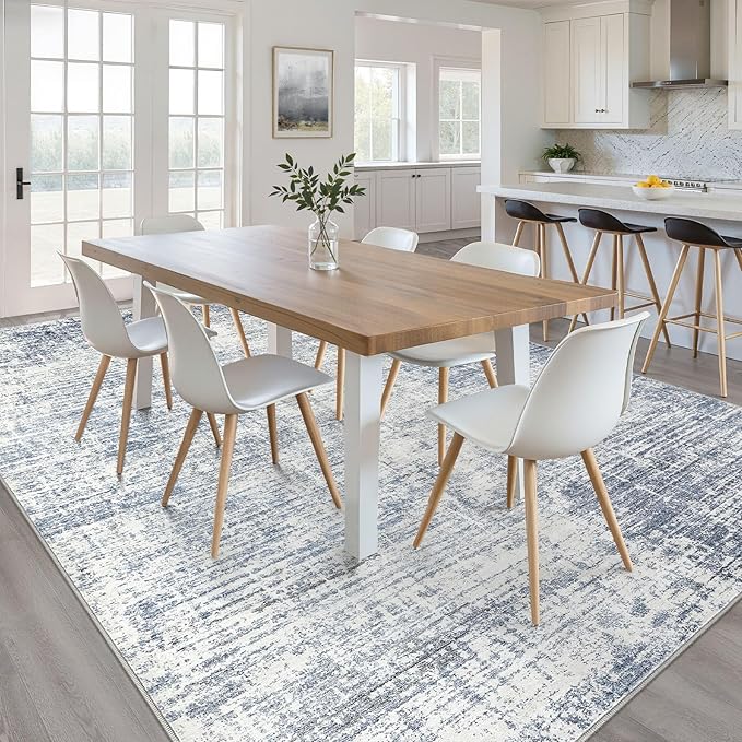 12x18 Rug for Living Room: Washable Large Neutral Blue Area Rug Abstract Soft Modern Stain Resistant Indoor Floor Non-Slip Carpet for Bedroom Nursery Kids Office Playroom Dining Room Under Table Home