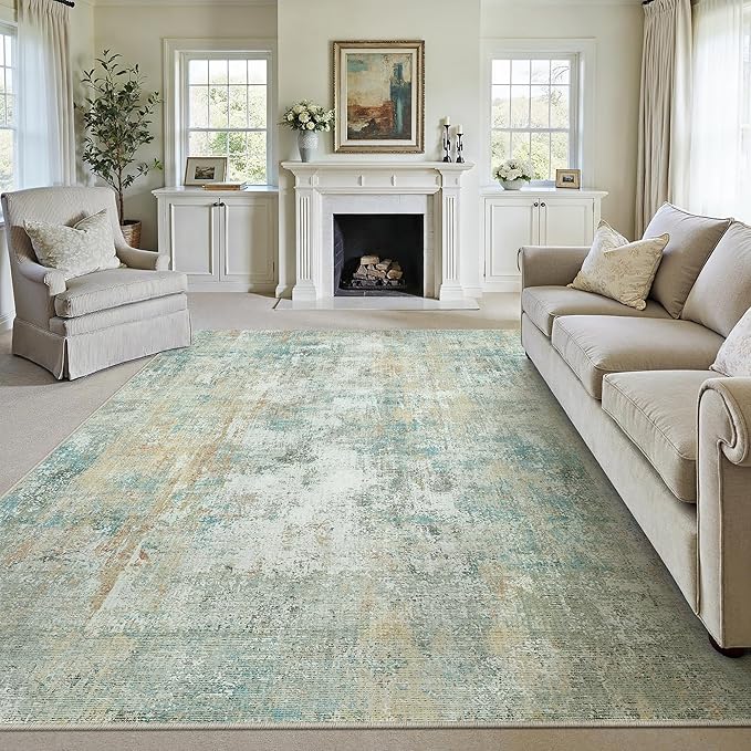 10x14 Washable Area Rug Teal Beige Abstract Non Slip Soft Low Pile Rug for Living Room Bedroom Dining Room Office Neutral Modern Indoor Large Throw Carpet for Home Decor