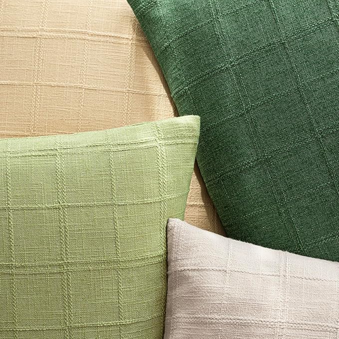 Foindtower Set of 2 Decorative Linen Check Throw Pillow Covers Neutral Farmhouse Vintage Cushion Covers Modern Boho Accent Home Decor for Sofa Chair Couch Bedroom Living Room,22×22 Inch,Forest Green