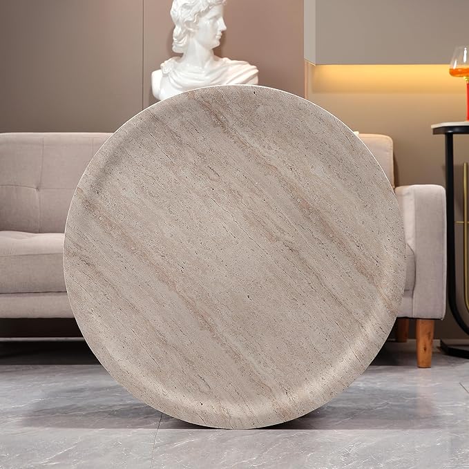 WILLIAMSPACE 31.5" Round Coffee Table in Faux Marble, Modern Circle Faux Stone Center Table Travertine Drum Tea Table for Living Room, Outdoor, Magnesium Oxide, Light Beige