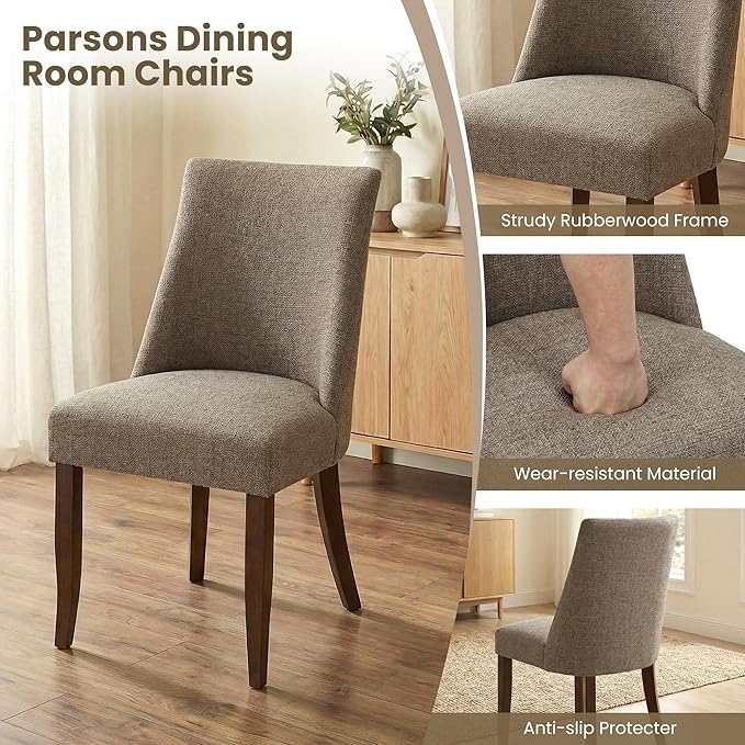 Wooden Dining Chairs Set of 6, Upholstered Farmhouse Fabric Dining Room Chair, Mid Century Kitchen Chair for Restaurant & Cafe, Brown