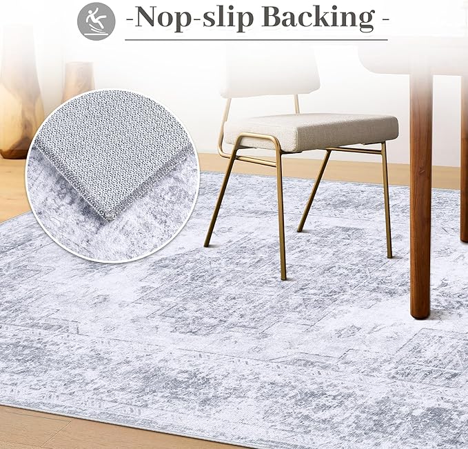 XLUEZ Area Rug 5x7 Living Room Rug, Machine Washable Vintage Distressed Medallion Rug Non-Slip Soft Low Pile Large Indoor Rugs for Bedroom Kitchen Dining Room Office(LightGrey,5'x7')