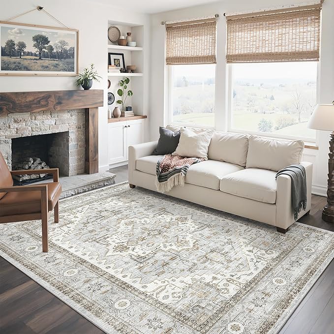 Area Rugs for Living Room - 6x9, Boho Non-Slip Low Pile Carpet Machine Washable Rugs for Bedroom, Farmhouse, Office, Dining Room (Light Blue＆Beige)