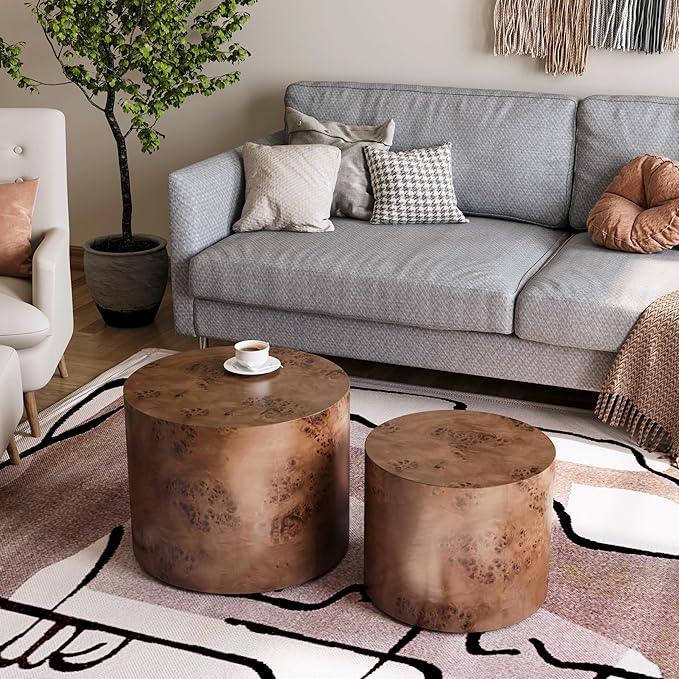 WILLIAMSPACE 18.9" Round Nesting Coffee Table Set of 2, Modern Wooden Coffee Tables Small Circle Center Table for Living Room, Accent End Table Set, No Assembling (Brown Burl)