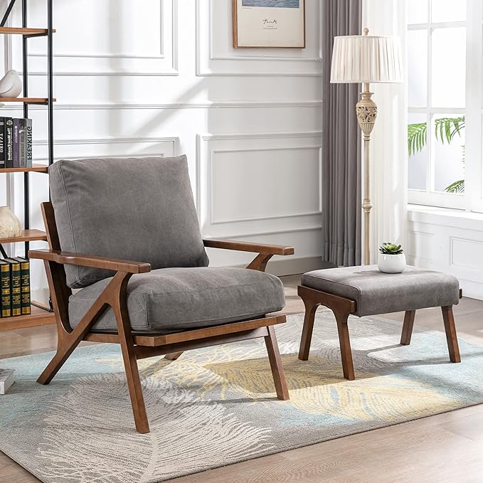 chairus Mid-Century Modern Accent Chair with Ottoman, Comfy Upholstered Lounge Armchair with Removable Cushions & Solid Wood Frame, Reading Chair for Living Room Bedroom Office, Grey Denim Fabric