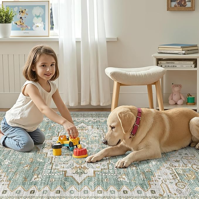 Runner Rug 2'x6' Washable Vintage Area Rugs for Hallway Non Slip Laundry Rug Runner Boho Floor Carpet Runners for Entryway Laundry Room Kitchen Bathroom (2'x6',Green)
