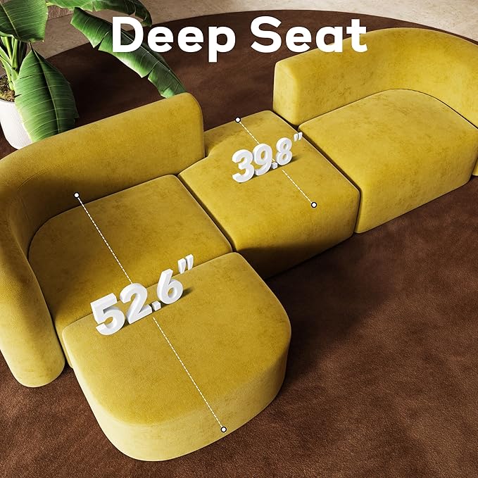 116" Modular Sectional Couches with Ottoman, Luxury Modern Curved Back Sofa, Minimalist Style Oversized 4 Seat Deep Comfy Convertible L Shape Boneless Couch for Living Room Office Apartment, Yellow