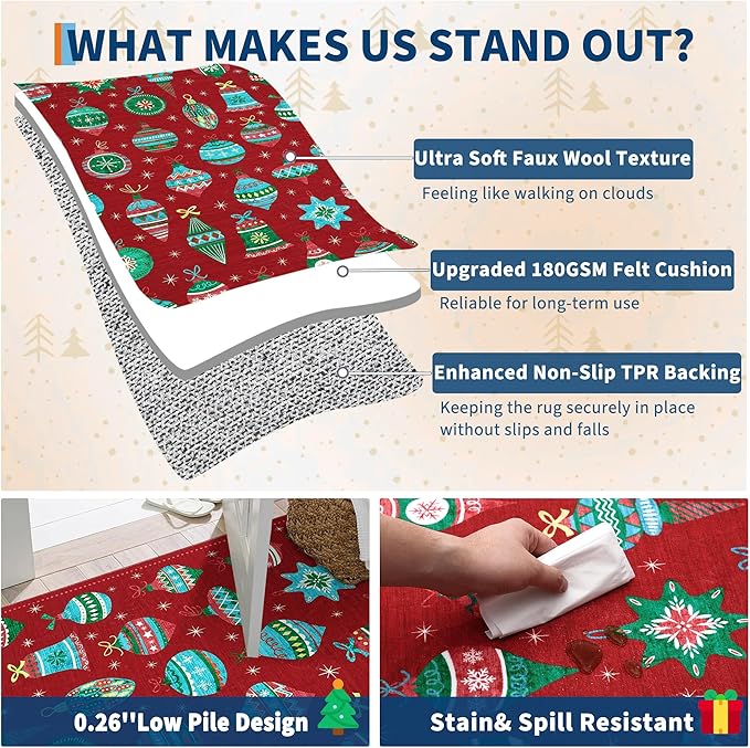 Christmas Area Rug 8x10 Bedroom Living Room Rugs Colorful Christmas Ball Washable Rug Soft Boho Bohemian Farmhouse Rug Indoor Floor Carpet for Bedroom Under Dining Table Home Office Decor，Red