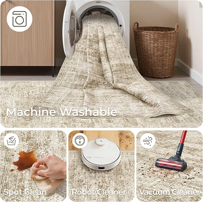 3x18 Washable Runner Rug for Hallway, Non-Slip Long Hallway Runner for Entryway, Soft Vintage Kitchen Mats for Floor, Abstract Dining Room, Bedroom, Living Room Rugs(3'x18', Brown/Ivory)