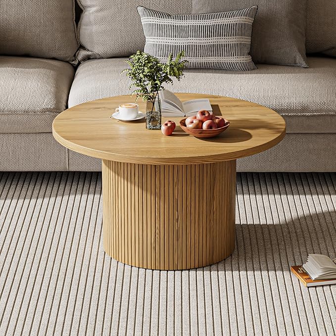 MAISONARIA Round Coffee Table with Metal Frame, 35" Coffee Tables for Living Room, Circle Wood Accent Center Table for Apartment, Oak