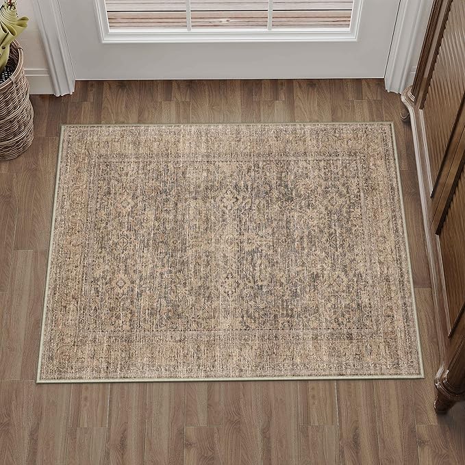 PureCozy Washable Area Rug 2x3, Small Non-Slip Brown Entryway Door Mat Vintage Low Plie Thin Indoor Kitchen Bathroom Rug Retro Accent Throw Entrance Bedroom Office Carpet