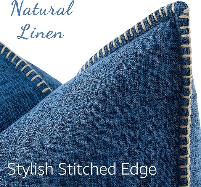 decorUhome Summer Decorative Throw Pillow Covers 22x22 Set of 2 Square Faux Linen Outdoor Neutral Farmhouse Euro Sham Pillow Covers with Stitched Edge for Couch Sofa Living Room, Dark Blue