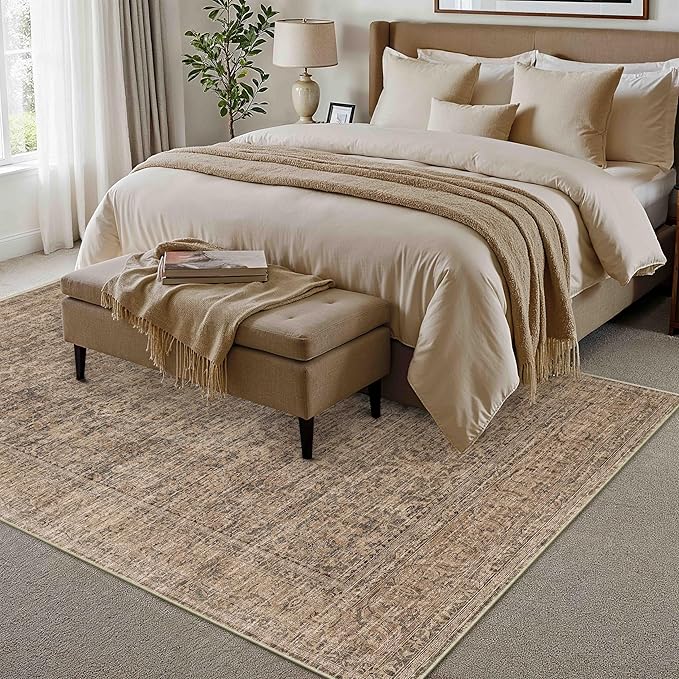 PureCozy 6x9 Area Rug Brown Machine Washable Living Room Bedroom Vintage Distressed Non Slip Carpet Indoor Large Low Plie Thin Dining Room Office Retro Accent Throw Rug