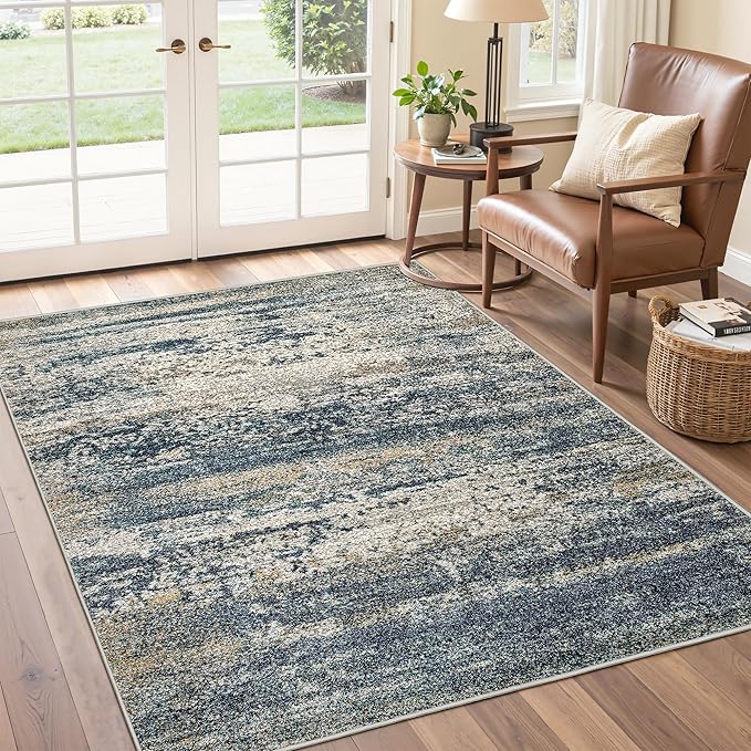 Art&Tuft Washable Rug 4x6, Anti-Slip Backing Abstract 4x6 Rug, Stain Resistant Rugs for Living Room, Foldable Machine Washable Area Rug (4'x6', Navy)