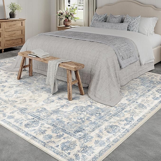 6x9 Washable Neutral Area Rug Blue Vintage Living Room Bedroom Carpet Non-Slip Soft Low Pile Farmhouse Indoor Throw Rug for Dining Room Entryway Office