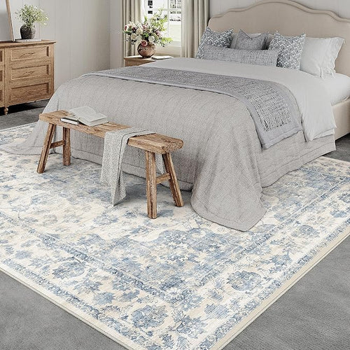 8x10 Washable Neutral Area Rug Blue Vintage Living Room Bedroom Carpet Non-Slip Soft Low Pile Farmhouse Indoor Large Throw Rug for Dining Room Office