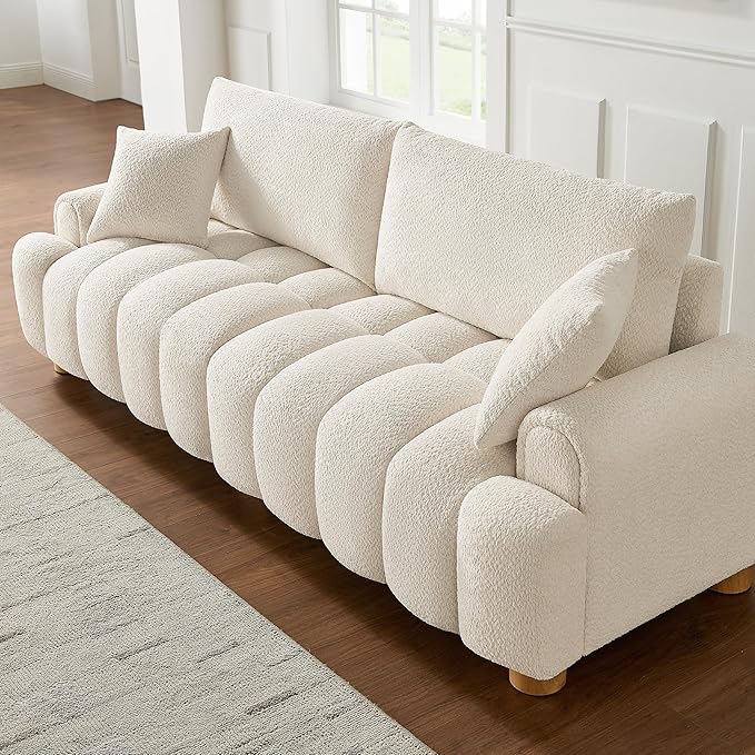 VANOMi Boucle Sofa Couch, 91" Comfy Tufted Upholstered Cloud Couches, Modern 3 Seater Sofa with Pillows, Oversized Deep Seat Sherpa Couch for Living Room, Bedroom, Apartment (White)