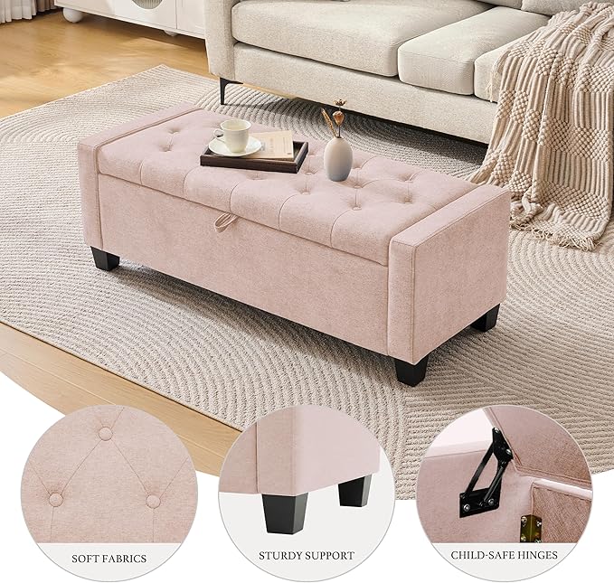 Huatean Home 43" Ottoman with Storage, Pink Storage Ottoman Bench with Safety Hinge, Upholstered Entryway Bench with Seating for Bedroom, Living Room, Holds up to 330 lb
