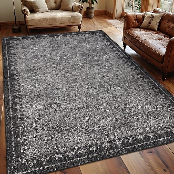 GarveeHome Neutral Area Rug 4x6 Geometric Bordered Washable Living Room Bedroom Grey Carpet Non Slip Stain Resistant Low Pile Indoor Rugs for Home Office Dining Room Kitchen, Grey