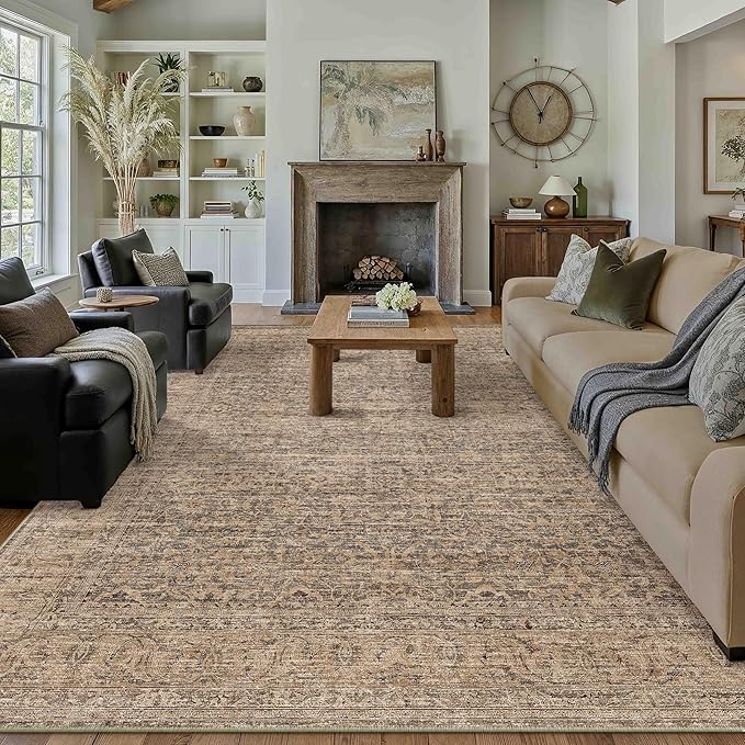 PureCozy Area Rug 9x12 Brown Machine Washable Non-Slip Vintage Low Plie Thin Living Room Bedroom Dining Room Distressed Carpet Indoor Large Home Office Retro Rug