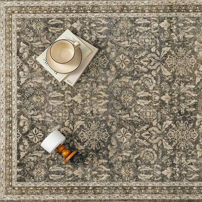 PureCozy Brown 8x10 Area Rug Washable Vintage Living Room Bedroom Carpet Indoor Large Non Slip Soft Low Pile Thin Rug Retro Accent Throw Office Dining Room