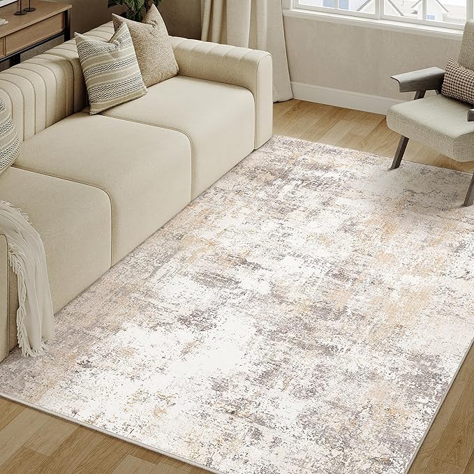 4x6 Washable Area Rug Beige Grey Abstract Non Slip Soft Low Pile Rug for Entryway Kitchen Bathroom Neutral Modern Throw Carpet for Living Room Bedroom Home Decor
