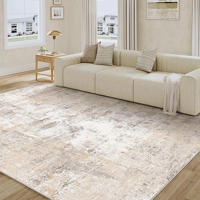 7x10 Washable Area Rug Beige Grey Abstract Non Slip Soft Low Pile Rug for Living Room Bedroom Dining Room Office Neutral Modern Indoor Throw Carpet for Home Decor