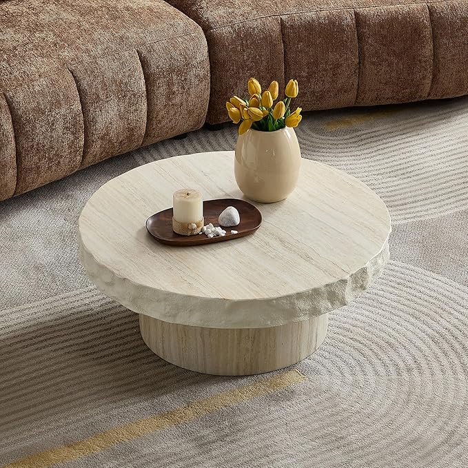 31.69" Round Coffee Table with Round Pedestal, Fiberglass Faux Marble Tabletop for Living Room, Modern Circle Center Table Tea Table for Apartment, Office, Beige Mars Pattern