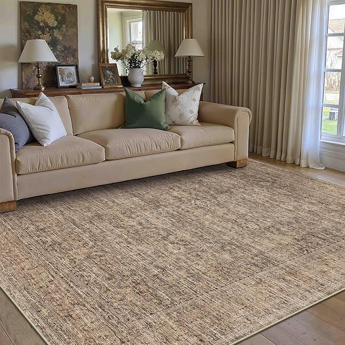 PureCozy Washable Rug 3x5, Entryway Brown Indoor Non Slip Small Low Plie Thin Bedroom Kitchen Area Rugs Retro Accent Throw Office Vintage Carpet for Nursery Under Coffee Table
