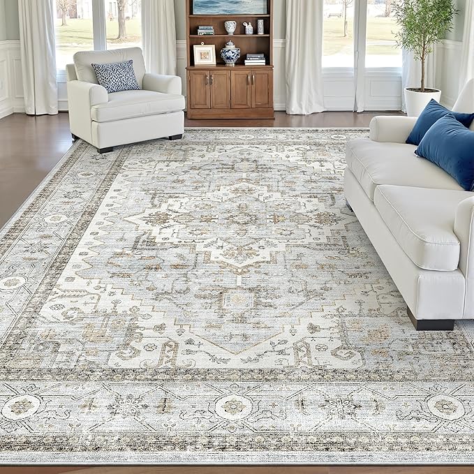 befbee Washable Area Rug 5x7, Area Rugs Stain Resistant Neutral Washable Rugs for Living Room Bedroom Vintage Non-Slip Thin Large Size Area Rug（Light Blue＆Beige）