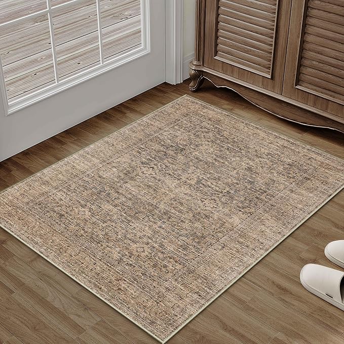 PureCozy Washable Area Rug 2x3, Small Non-Slip Brown Entryway Door Mat Vintage Low Plie Thin Indoor Kitchen Bathroom Rug Retro Accent Throw Entrance Bedroom Office Carpet