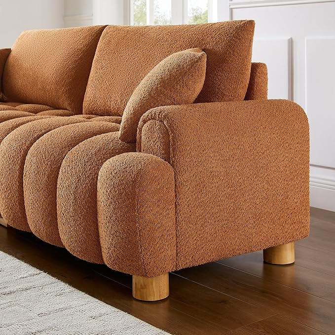VANOMi Boucle Sofa Couch, 91" Comfy Tufted Upholstered Cloud Couches, Modern 3 Seater Sofa with Pillows, Oversized Deep Seat Sherpa Couch for Living Room, Bedroom, Apartment (Curry)