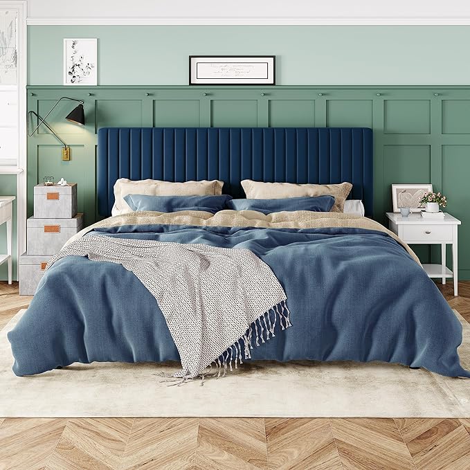 Allewie King Bed Frame, Velvet Upholstered Platform Bed with Adjustable Vertical Channel Tufted Headboard, Mattress Foundation with Strong Wooden Slats, Box Spring Optional, Easy Assembly, Navy Blue