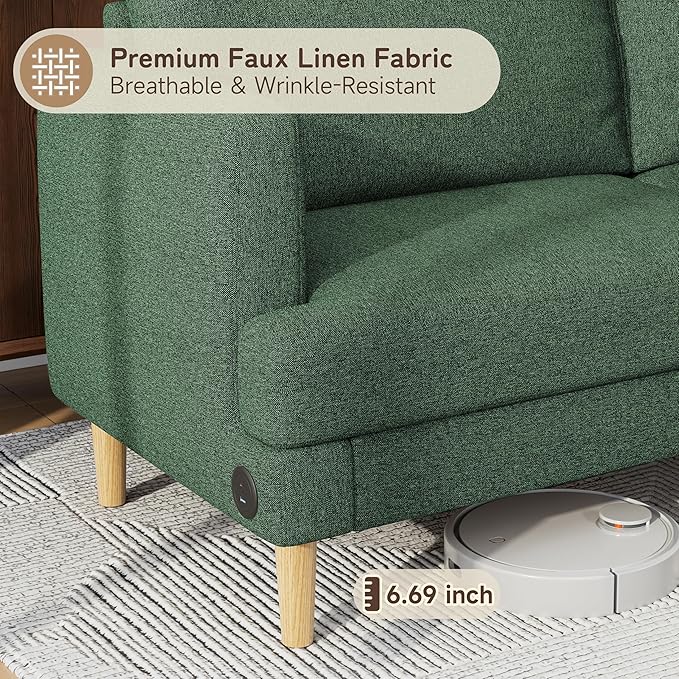 70" Modern Loveseat Sofa with USB Type-C Ports, Linen Fabric 2-Seater Deep Seat Couch, Cozy Small Couch Sofa for Living Room Bedroom Office Apartment (Green)