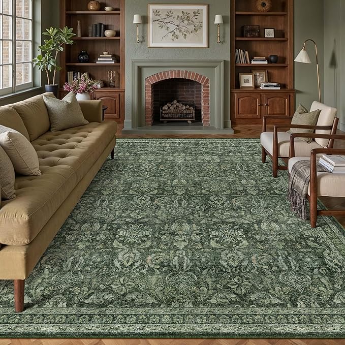 PureCozy Dark Green 8x10 Area Rugs Washable Vintage Living Room Bedroom Carpet Indoor Large Non Slip Soft Low Pile Thin Rug Retro Accent Home Office Dining Room