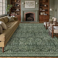 PureCozy Dark Green 8x10 Area Rugs Washable Vintage Living Room Bedroom Carpet Indoor Large Non Slip Soft Low Pile Thin Rug Retro Accent Home Office Dining Room