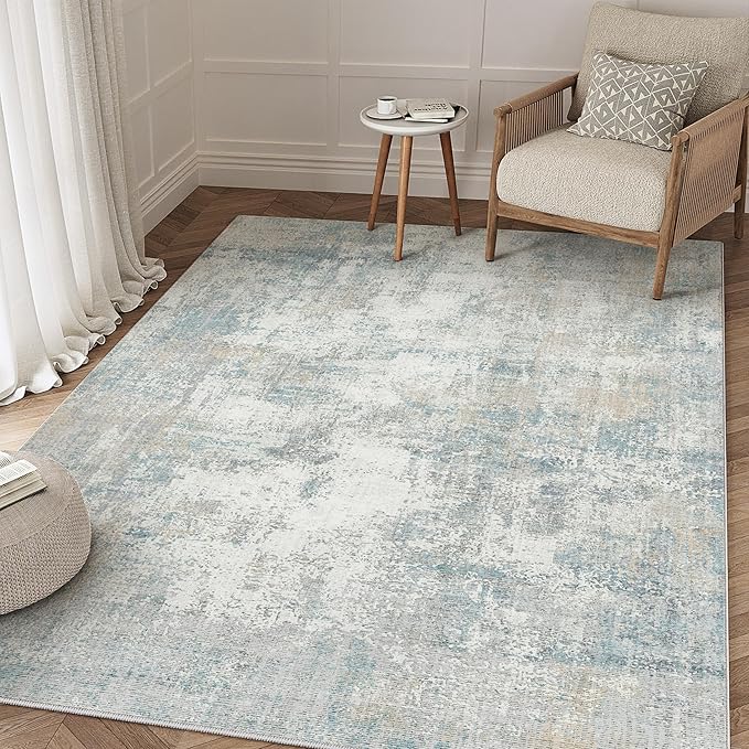 3x4 Washable Area Rug Blue Cream Abstract Non Slip Soft Low Pile Rug for Entryway Kitchen Bathroom Neutral Modern Throw Carpet for Living Room Bedroom Home Decor