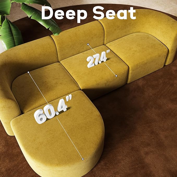 116" Modular Sectional Couches with Ottoman, Luxury Modern Curved Back Sofa, Minimalist Style Oversized 4 Seat Deep Comfy Convertible L Shape Boneless Couch for Living Room Studio Apartment, Yellow