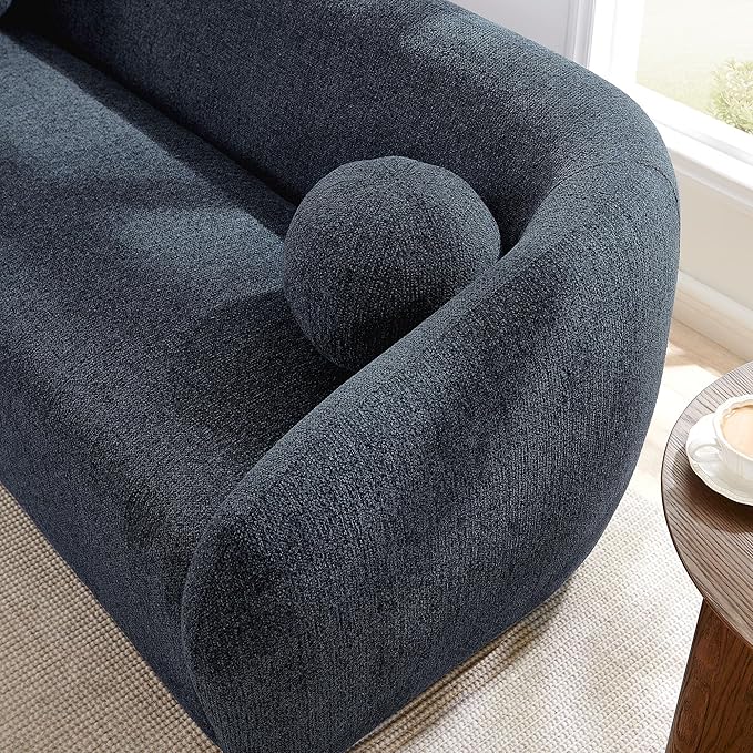 Modway Holland 85 Inch Minimalist Curved Back Sofa in Navy – Chenille Fabric Sofa with Ball Throw Pillows and Wood Feet – Modern 3-Seater Couch for Living Room