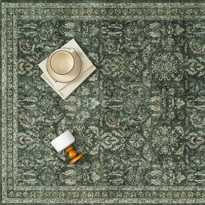 PureCozy Dark Green 8x10 Area Rugs Washable Vintage Living Room Bedroom Carpet Indoor Large Non Slip Soft Low Pile Thin Rug Retro Accent Home Office Dining Room