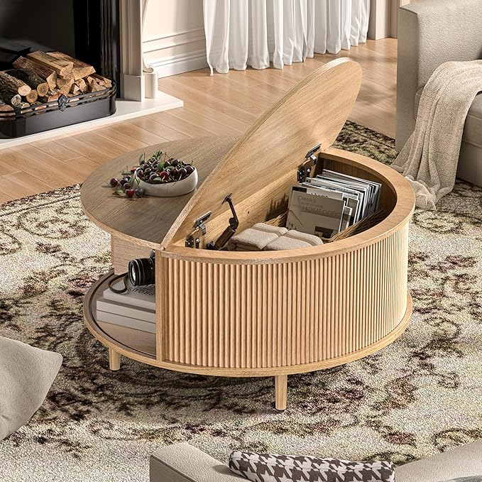 Round Coffee Table, 31.5" Fluted Center Table with Storage, Lift-Top Coffee Table with Adjustable Footpads, Sliding Door, Mid-Century Modern Center Table for Living Room, Small Space (Nature)