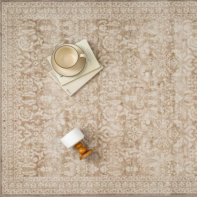 PureCozy 3x5 Area Rug Washable Entryway Office Vintage Carpet Indoor Non Slip Small Low Plie Thin Bedroom Kitchen Light Brown Rug Retro Accent Throw Living Dining Room Bathroom