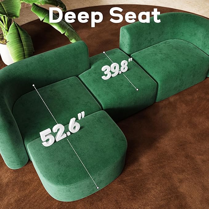 116" Modular Sectional Couches with Ottoman, Luxury Modern Curved Back Sofa, Minimalist Style Oversized 4 Seat Deep Comfy Convertible L Shape Boneless Couch for Living Room Office Apartment, Green