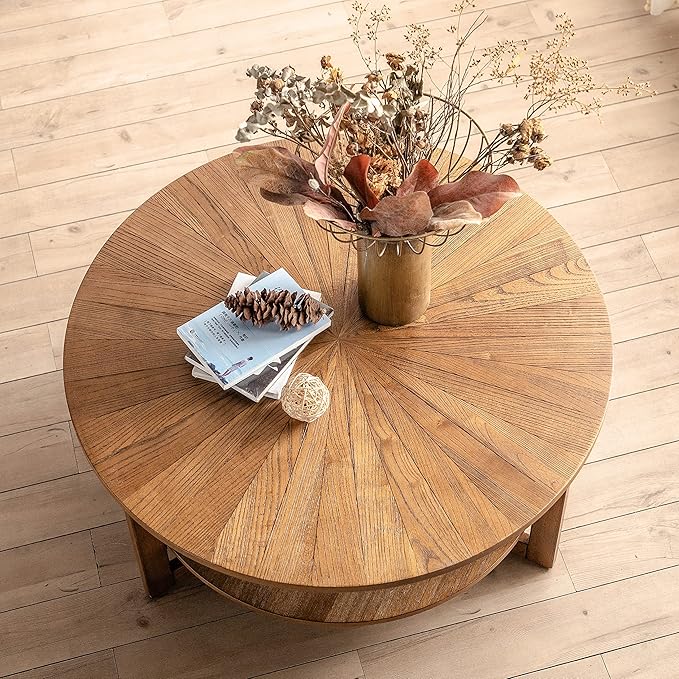 Round Coffee Table, 35" Circle Wood Coffee Table with Storage Shelf, 2 Tier Center Table for Living Room Apartment Home Furniture, Easy Assembly (Espresso,35" Dx35 Wx18 H)