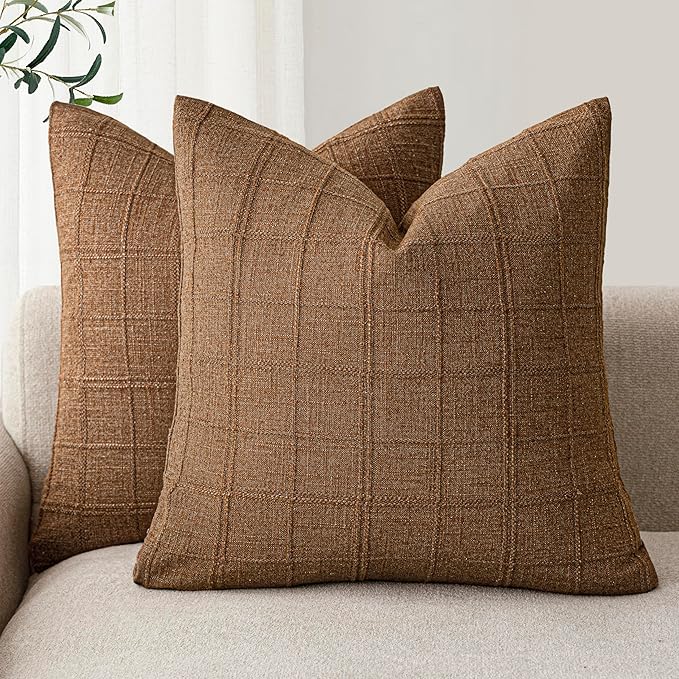 Foindtower Set of 2 Decorative Linen Check Throw Pillow Covers Neutral Farmhouse Vintage Cushion Covers Modern Boho Home Decor for Sofa Chair Couch Bedroom Living Room,26×26 Inch,Brown Hazel