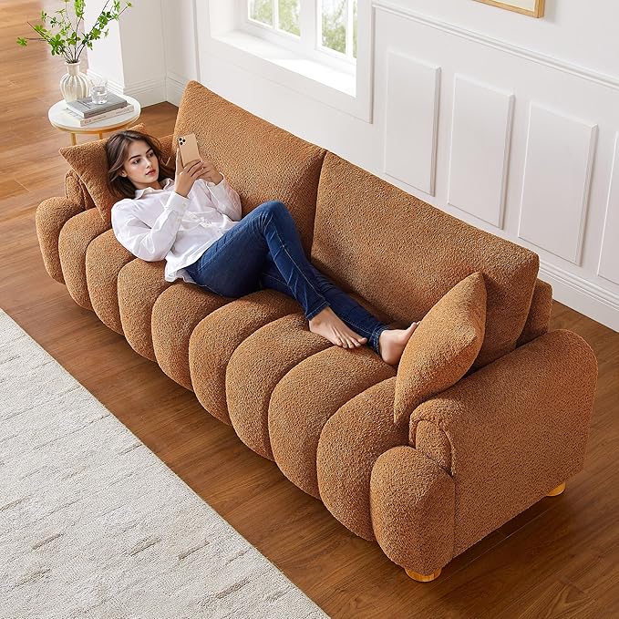 VANOMi Boucle Sofa Couch, 91" Comfy Tufted Upholstered Cloud Couches, Modern 3 Seater Sofa with Pillows, Oversized Deep Seat Sherpa Couch for Living Room, Bedroom, Apartment (Curry)