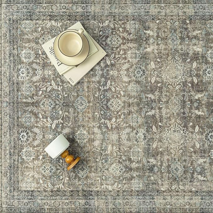 2x6 Washable Floral Hallway Runner Rug Kitchen Vintage Low Pile Non Slip Area Rug Soft Stain Resistant Carpet Distressed Door Mat Entryway Bedroom Living Room Indoor Stair